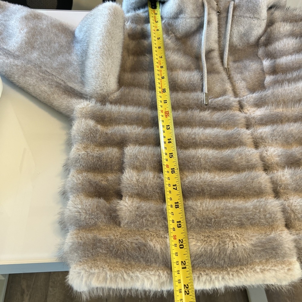 Grey Faux Fur Ribbed Half Zip Hoodie Pullover Jacket Silver Gray Plush Coat - Picture 7 of 10